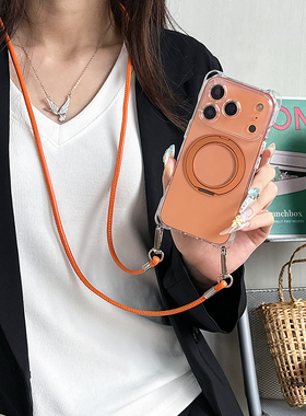 橙色360旋转支架适用于苹果17Promax手机壳斜挎17带挂绳iphone17pro新款15Plus套16PM防摔13防盗Air背e挂脖12