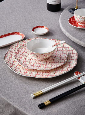 红色摆台餐具套装高级感酒店四件套骨瓷中式会所宴客商用碗碟