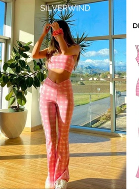 7芭比粉系列 粉色格子印花运动内衣跑步骑行微喇健身瑜伽裤套装女