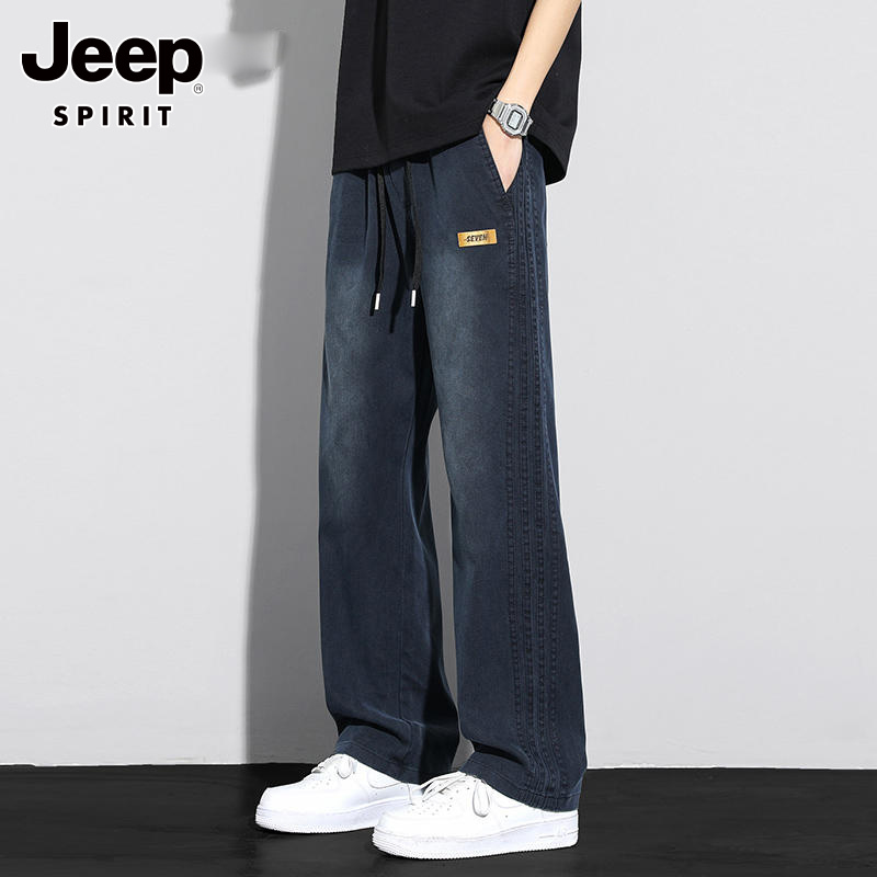 吉普天丝牛仔裤男士夏季薄款宽松直筒2025新款美式高街休闲长裤子