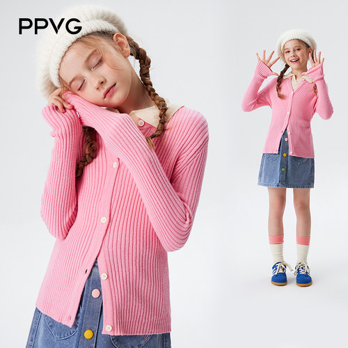 PPVG童装 秋季新款女童针织开衫粉色甜美洋气上衣v领宽松儿童毛衣