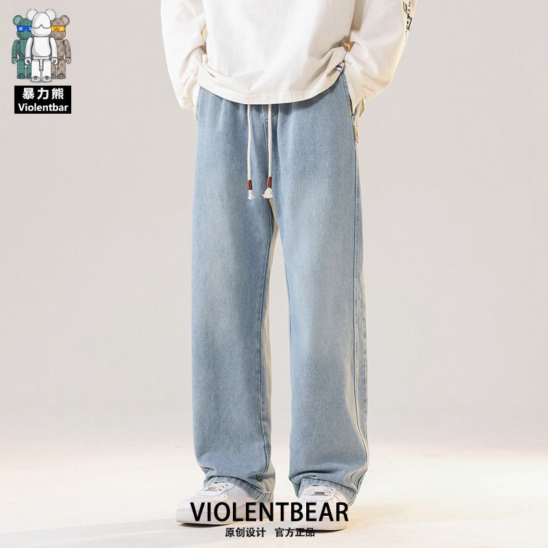 暴力熊新款修身牛仔裤男秋季常规款大码宽松透气腿长直筒裤子潮牌