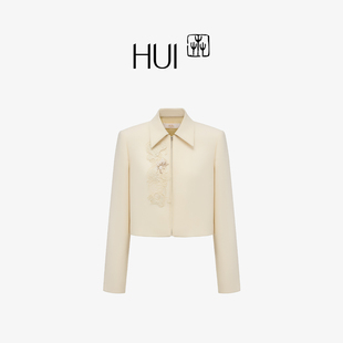 HUI卉线织玉兰翻领锁链针法刺绣立领直筒H版型外套2025秋冬新款