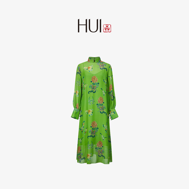HUI卉桑蚕丝印花蝶戏牡丹连衣裙