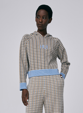 HUI卉蓝白屏风艺术格纹打底连帽卫衣