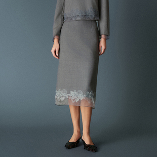 HUI卉精纺羊毛玉兰蕾丝花拼接暮云灰色后开衩半裙2026春新款