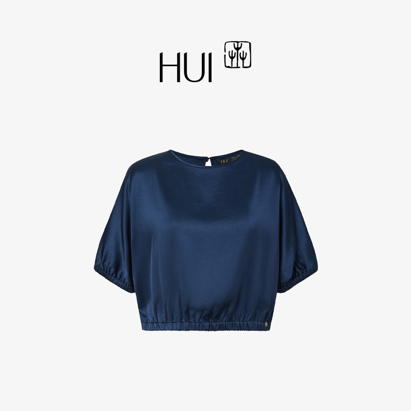 HUI卉缎面醋酸双面缎纹黛蓝色纹松紧袖收口短箱型上衣套头衫舒适