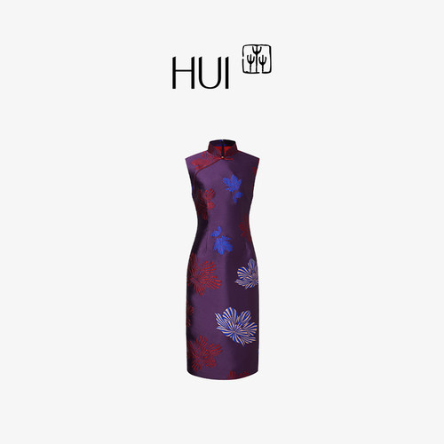 HUI卉撞色玉兰提花中国风连衣裙