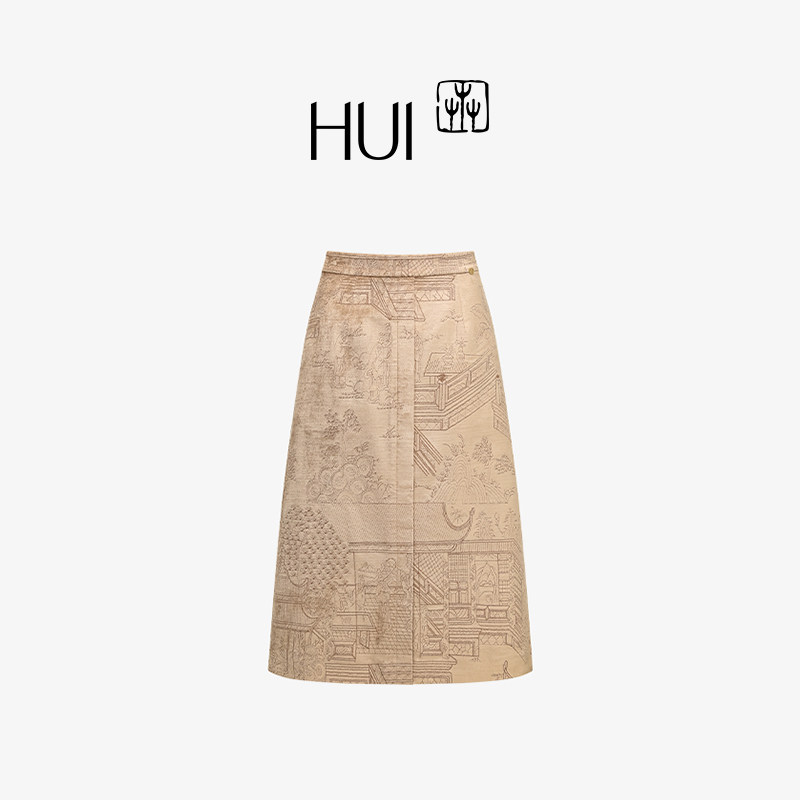 HUI卉非遗金线绣出庭院雅集金丝棉麂皮褐色A字裙印花女包臀半裙