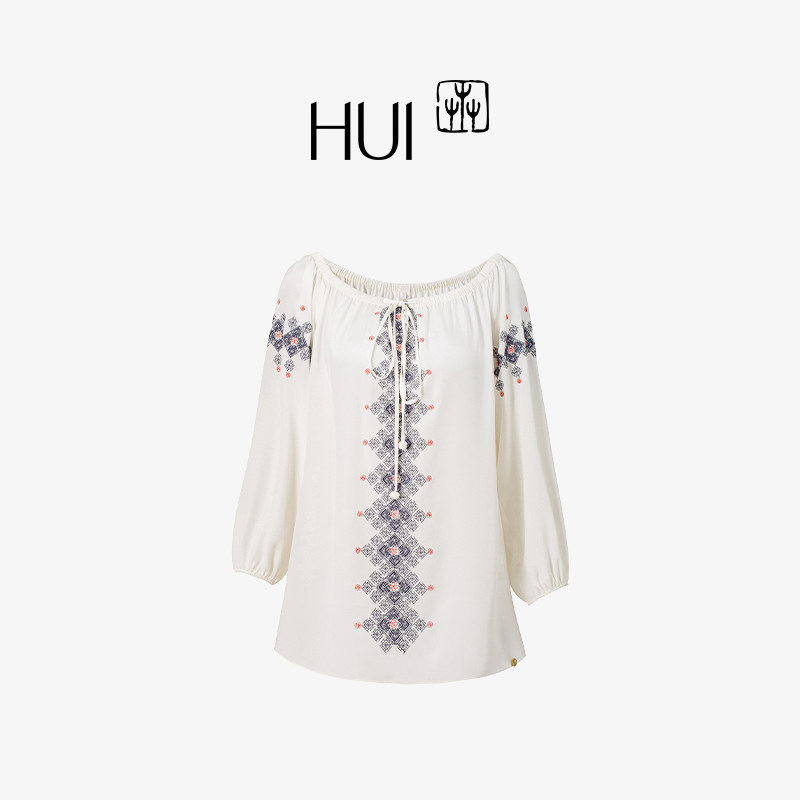 HUI卉桑蚕丝玉兰白非遗共创四印苗印花清爽刺绣一字肩上衣碎花