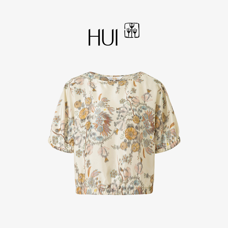HUI卉渗透印花电力纺100%桑蚕丝花草集卷印花松紧半袖上衣碎花