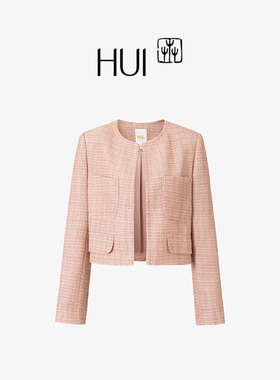 HUI卉金线精仿斜纹软呢SPH金线斜纹H版型粉米色小香风短款外套
