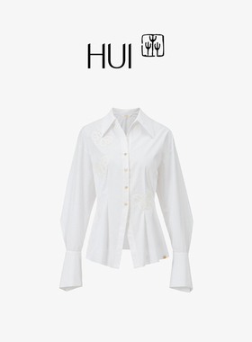 HUI卉凝脂白绳绣几何蝴蝶贴布绣长绒棉宫廷巴洛克掐腰修身衬衫