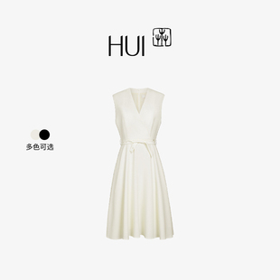 HUI卉醋酸纱线玉兰白色/黛黑色掐腰放摆解构设计经典款X型连衣裙