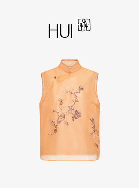 HUI卉新中式丝光透视网纱上衣美人蕉橙玉兰刺绣斜襟复古2025新款