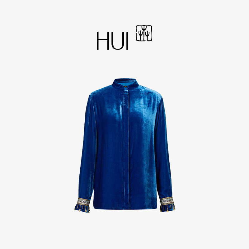 HUI卉秋冬新品群青色苗族非遗刺绣丝绒女士新款显瘦衬衫