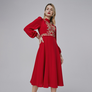 HUI卉精致腰封中国风高腰礼服连衣裙 非遗刺绣