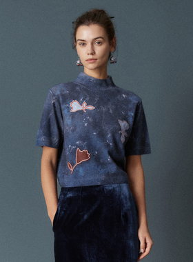 HUI卉100%绵羊毛立体贴布绣墨夜青色小立领针织上衣2025秋冬新款