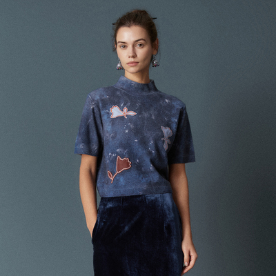 HUI卉100%绵羊毛墨夜青立领上衣