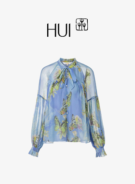 HUI卉桑蚕丝衬衫女非遗印花碎花衫度假风透视拼接灯笼袖落肩上衣