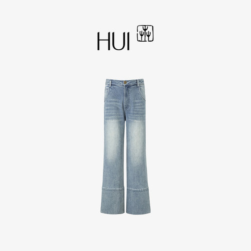 HUI卉秋蓝色定织牛仔直筒裤