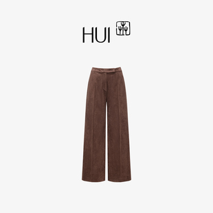 HUI卉昙暮棕色麂皮绒直筒H廓形阔腿高腰压褶线条长裤 2026春新款