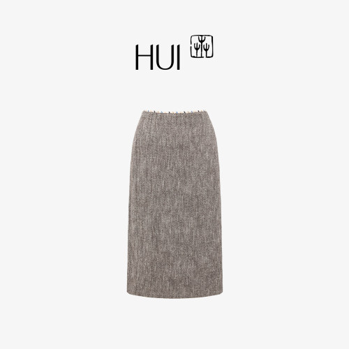 HUI卉暮云灰粗纺绵羊毛斜纹半裙