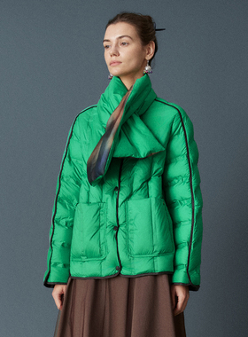 HUI卉90白鹅绒800D真空绗缝冬季翠绿色时尚围巾厚款羽绒服