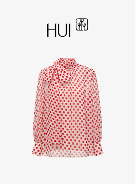 HUI卉银珠色波点桑蚕丝真丝飘带领衬衫2025春夏新款宽松轻盈优雅