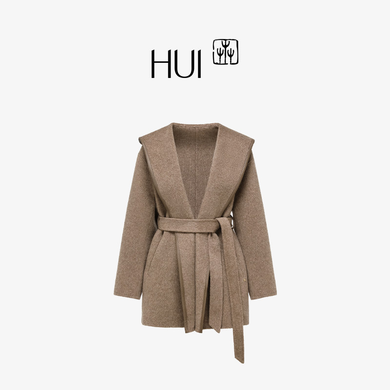HUI卉牦牛绒绵羊毛古铜色开叉廓形翻领双面毛呢大衣高级连帽外套,女装/女士精品,毛呢外套,淘宝优惠券,粉丝福利购,淘宝优惠卷