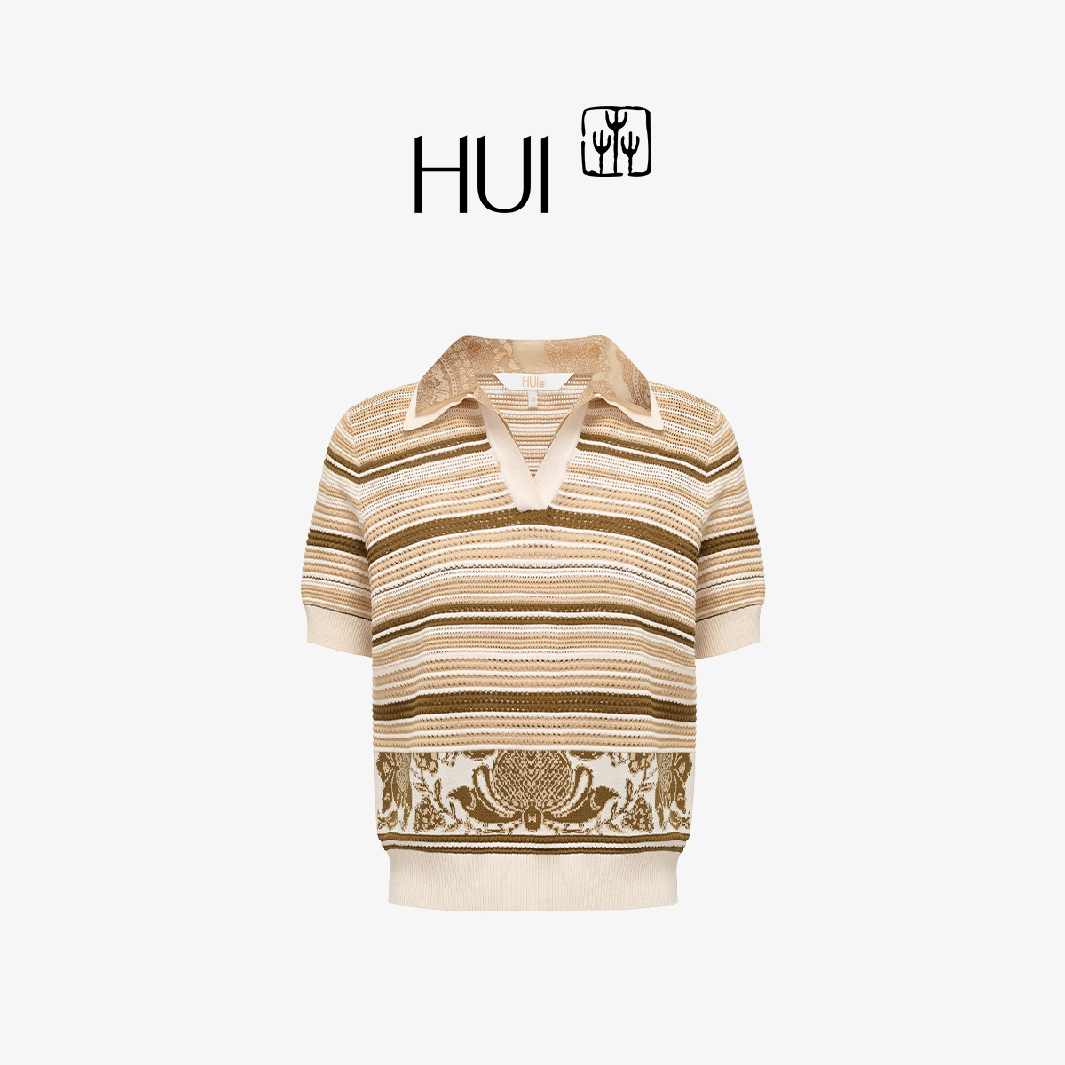 HUI卉花鸟纹蜡染纹样拼色POLO衫