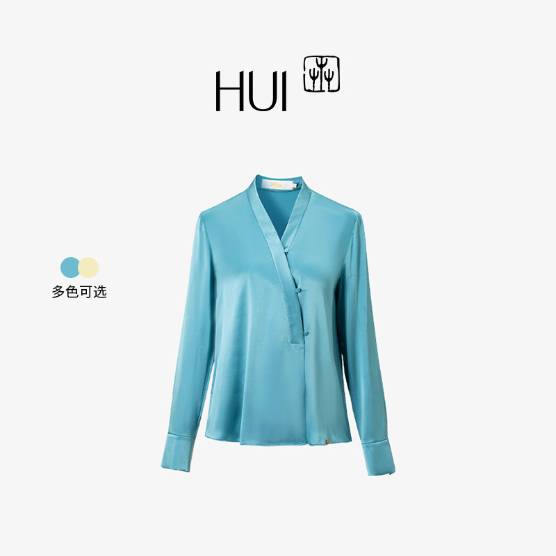 HUI卉靛青色新中式斜襟真丝上衣