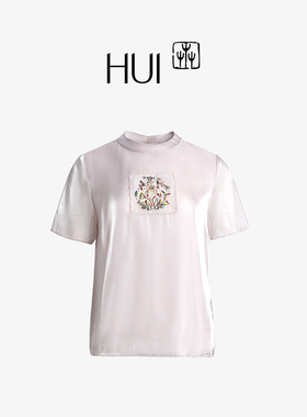 HUI卉高品玻璃纱SPH涤纶丝非遗传统刺绣平绣蝶恋花精致T恤短袖