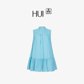 HUI卉桑蚕丝真丝雪纺中国风靛青立领改良式 旗袍中式 娃娃领连衣裙