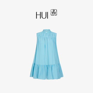 HUI卉桑蚕丝真丝雪纺中国风靛青立领改良式 娃娃领连衣裙 旗袍中式