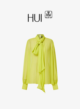 HUI卉王艳同款桑蚕丝超轻薄透视真丝青粲色飘带衬衫（无内衬）