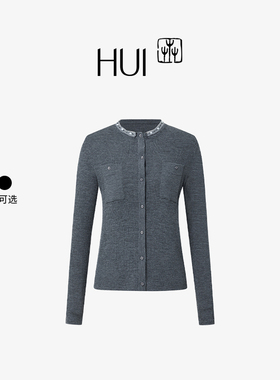 HUI卉绵羊毛暮云灰/墨染色珍珠薄纱领圈圈圈纱长袖拼接针织开衫