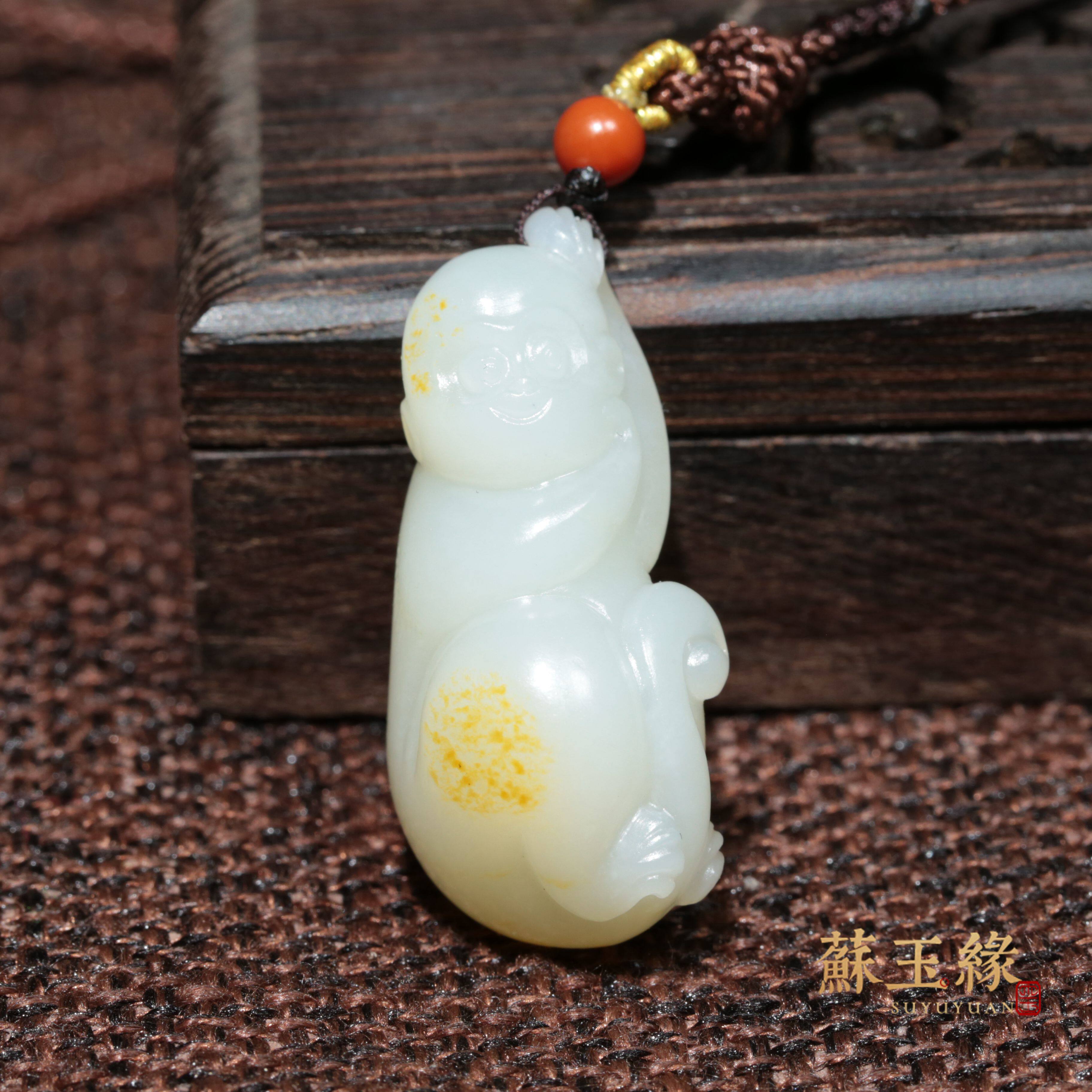 苏工玉缘新疆和田玉籽料洒金皮生肖猴灵猴10.2克细油糯和挂件吊坠