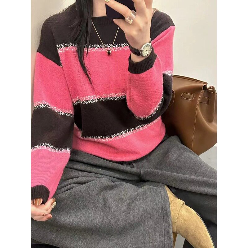 秋冬女宽松条纹针织开衫高级感