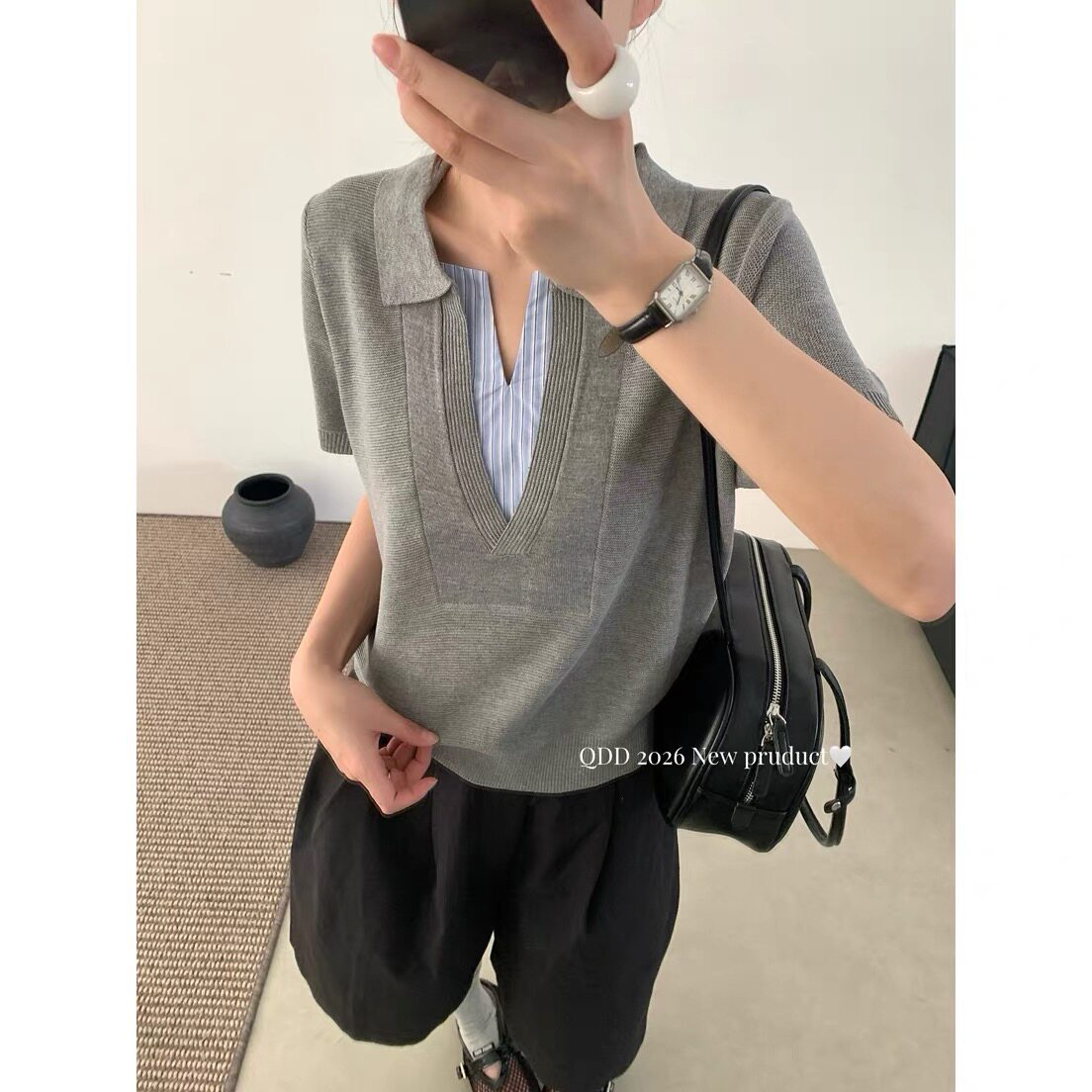冰丝POLO领撞色假两件针织衫女