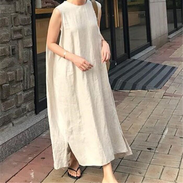 韩国东大门纯色大摆百搭网棉麻无袖开叉连衣裙背心裙有口袋配腰带