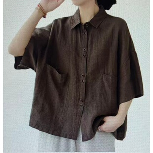 女宽松衬衣显瘦上衣 衬衫 日系跨境外贸2026夏季 宽松纯色翻领短袖