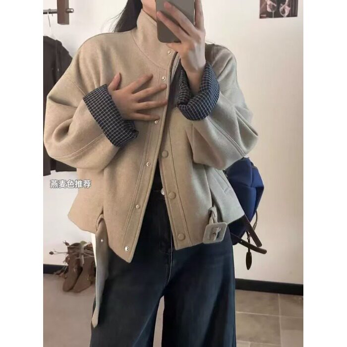 韩国chic2026秋冬格子拼接复古立领短款毛呢外套呢子上衣开衫女