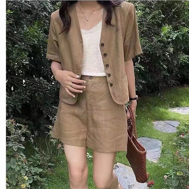 chic夏季韩版百搭套装女小外套衬衫上衣休闲+阔腿短裤西装两件套