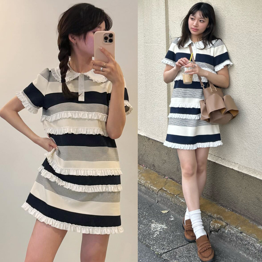 日韩chic2026夏季新款蕾丝拼接花边针织娃娃领短袖连衣裙条纹裙