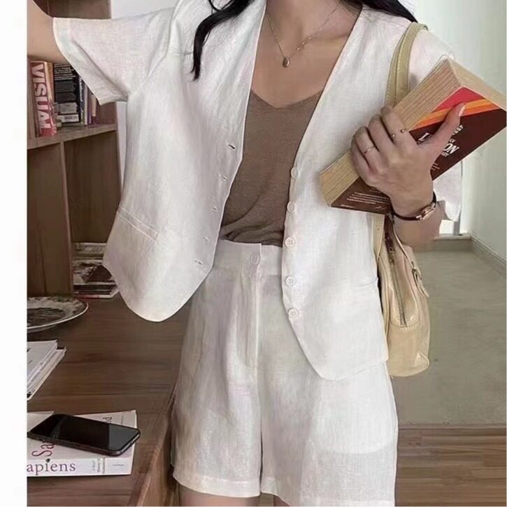 chic夏季韩版百搭套装女小外套衬衫上衣休闲+阔腿短裤西装两件套