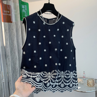 胖MM復古韓系重工刺繡無袖 坎肩上衣 輕奢減齡超好看大碼 背心女夏季