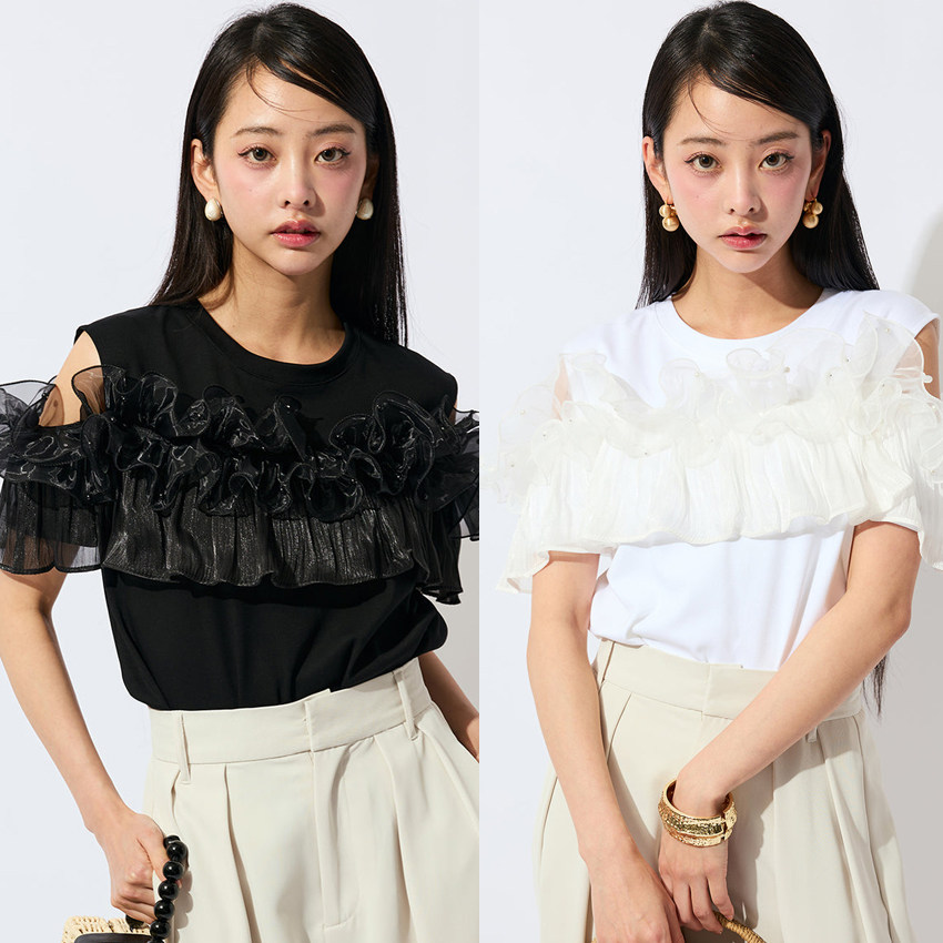 日韩跨境外贸夏新款网红同款女露肩重工钉珠女短袖上衣 透气棉T恤