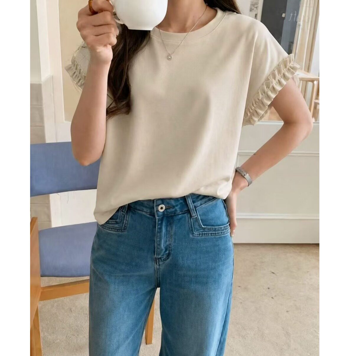 韩国chic2026夏季短袖纯色T恤女木耳边设计休闲短袖百搭显瘦上衣