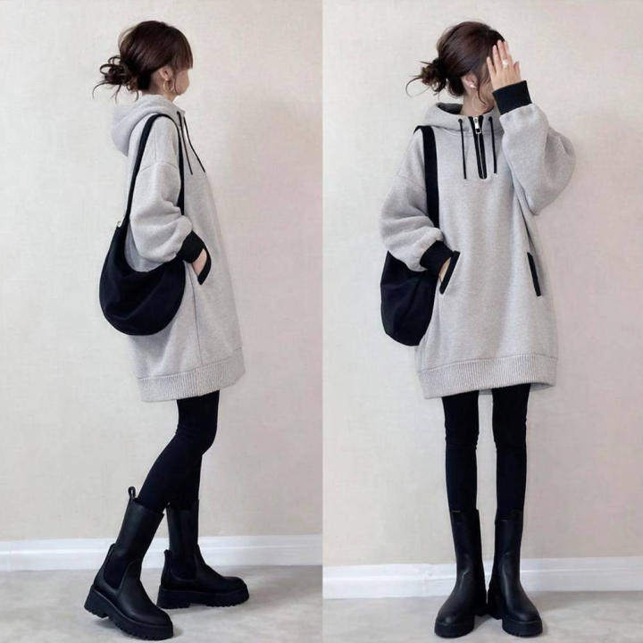 日系跨境外贸2026春秋新款时尚宽松显瘦纯色拉链连帽撞色插袋卫衣